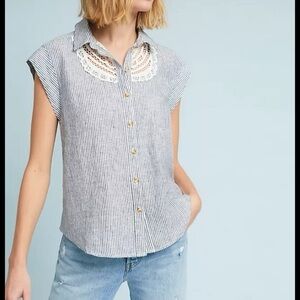Anthropologie Blue and White Striped Blouse with Lace Detail